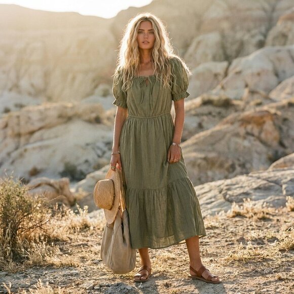 Just Found Dresses & Skirts - JUST FOUND Olive Green Midi Dress - Boho DÔEN Style L (Fits M)